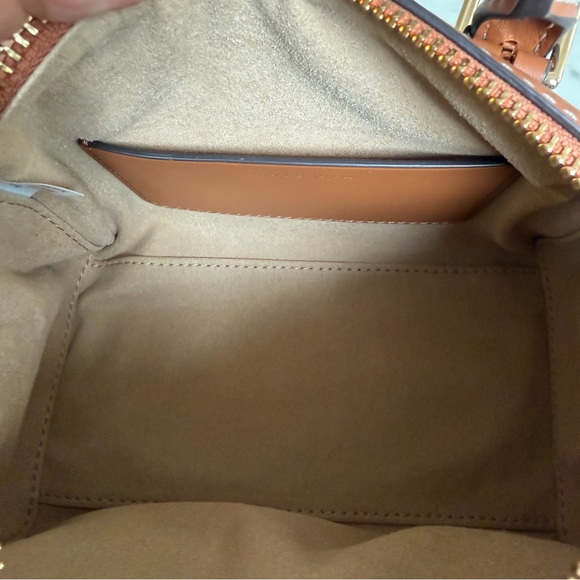 Tory Burch Petite T Monogram Denim Barrel Crossbody Satchel Bag Blue Tan Leather - Picture 10 of 14